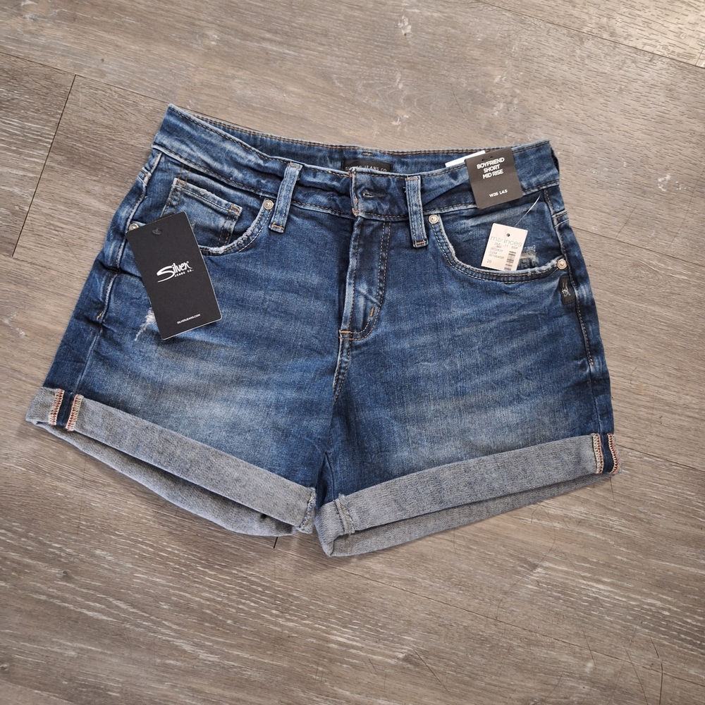 Silver Boyfriend Short Midrise Women's Dark Blue Rolled-Hem Jean Shorts, NWT
